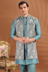 Firozi Blue Silk Printed Jacket Indo Western Set